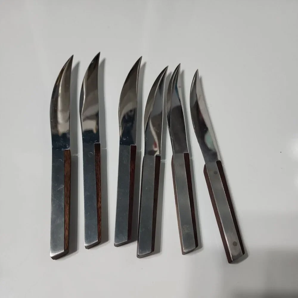 6 PC‎ 1970 VERNCO MID CENTURY MCM KNIFE SET KNIVES TEAK HANDLES IN BUTCHER BLOCK
